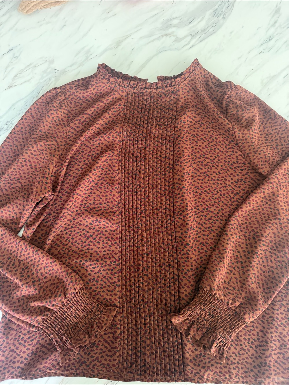 Rust Print Long-Sleeve Blouse . Black and burgundy flecks throughout